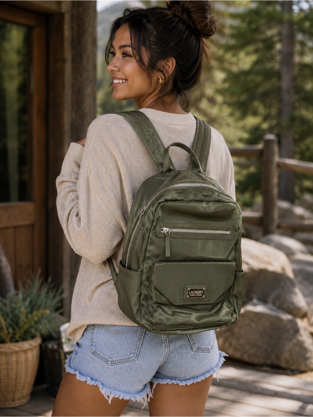 Laundry By Shelli Segal Olive Army Green Backpack w Leather Trim-NWOT-